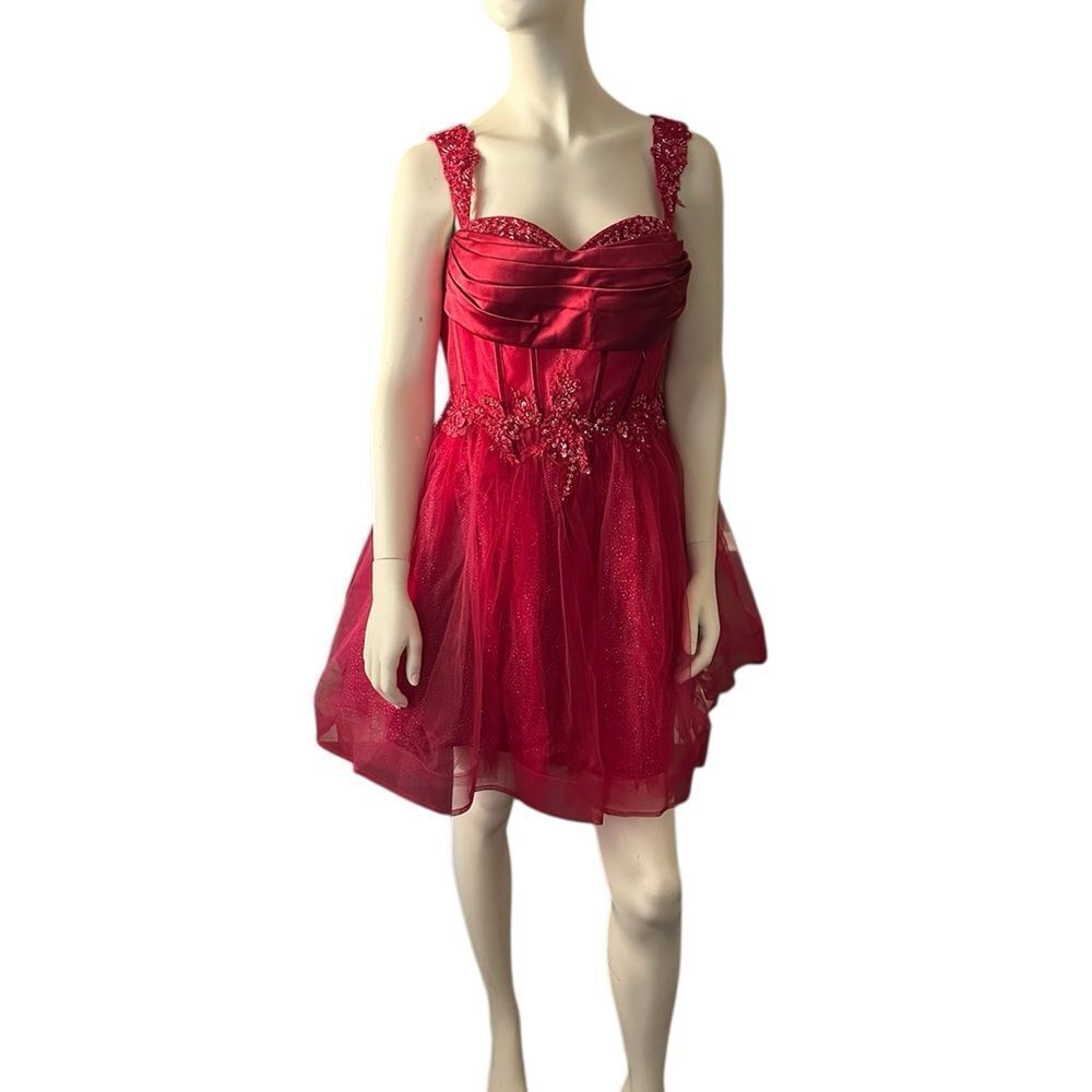 Warm Notices Satin and Tulle Sweetheart Neckline Dress Red 16W NWT